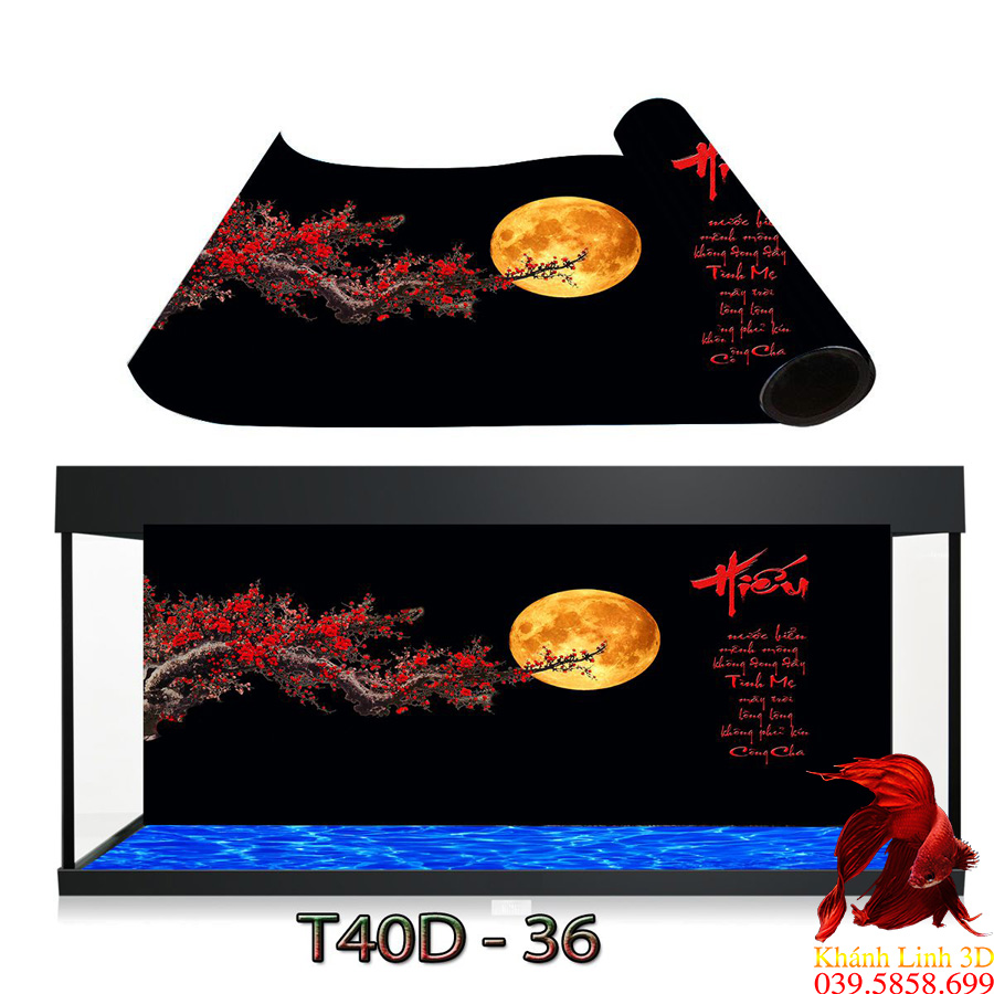 Tranh 3D trang trí dán bể cá hình Cây Đào và Mặt Trăng Chữ Thư Pháp siêu đẹp nét, tích hợp keo sẵn trên bề mặt tranh in công nghệ UV