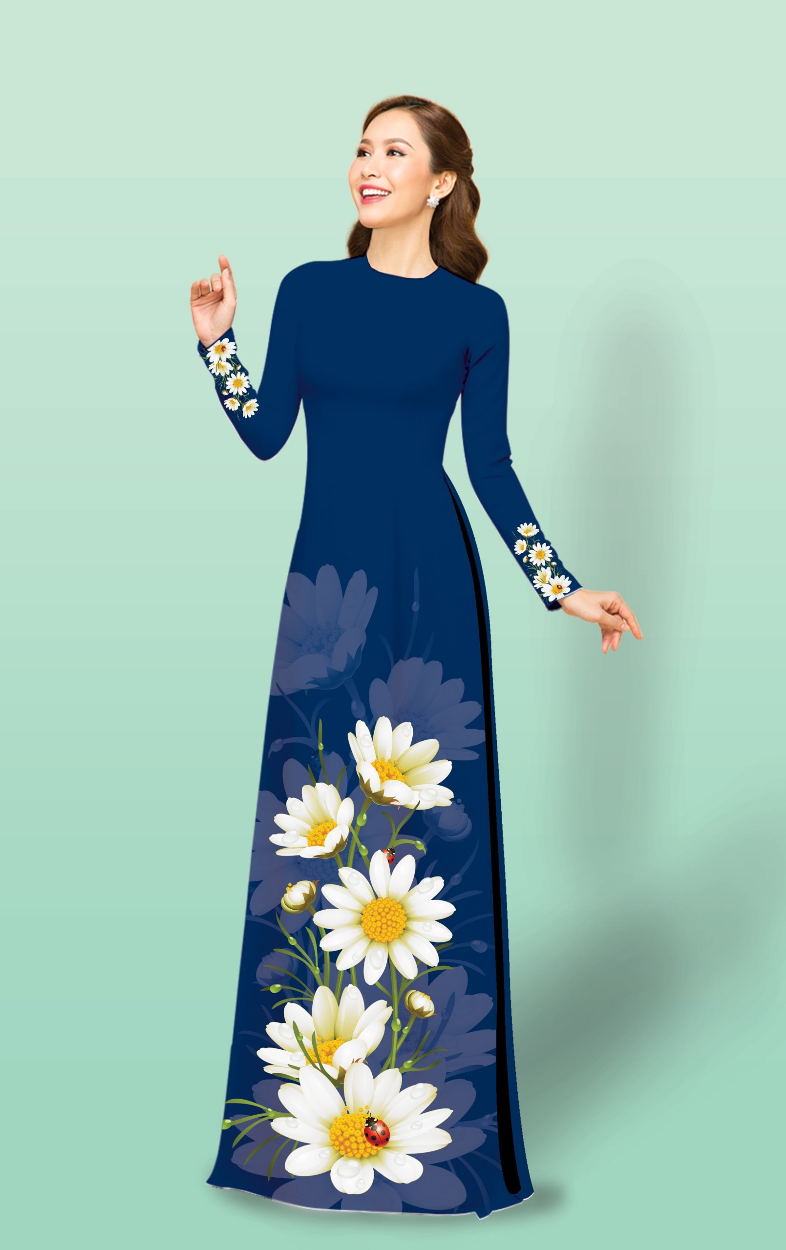 Áo dài truyền thống in cúc chi trắng cao cấp - KHÔNG KÈM QUẦN