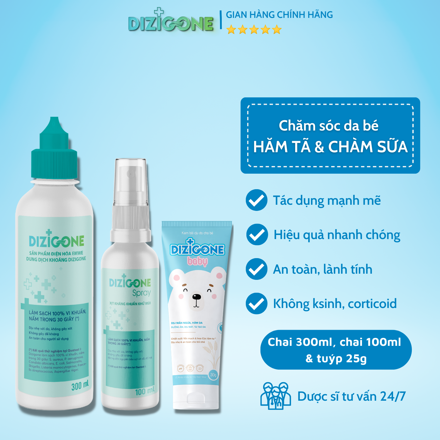 Bộ ba HĂM TÃ - CHÀM SỮA - MẨN NGỨA Dung dịch DIZIGONE 300ml & Xịt DIZIGONE