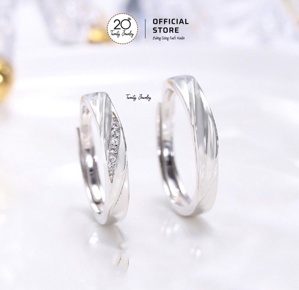 Nhẫn đôi xoắn thừng đính đá bạc 925 ndvac005 twenty silver. nhân đôi bạc tình yêu
