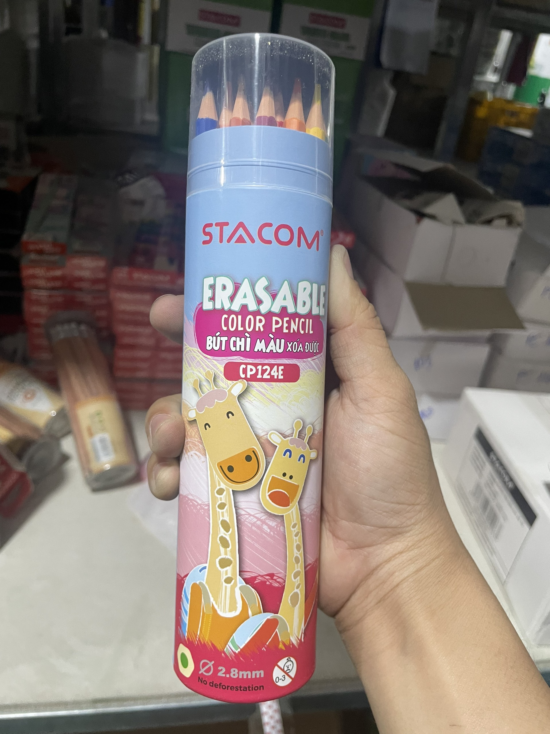 (1 Cốc) Bút chì màu gỗ xóa được, hộp tròn Stacom