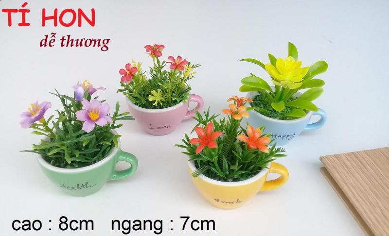 Combo 4 chậu hoa giả RẤT NHỎ hình tách trà trang trí độc đáo