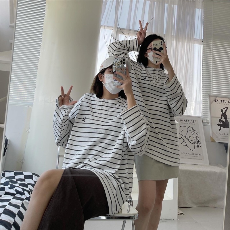 [SW7] KIM- Áo nỉ kẻ trắng đen - Striped Sweater