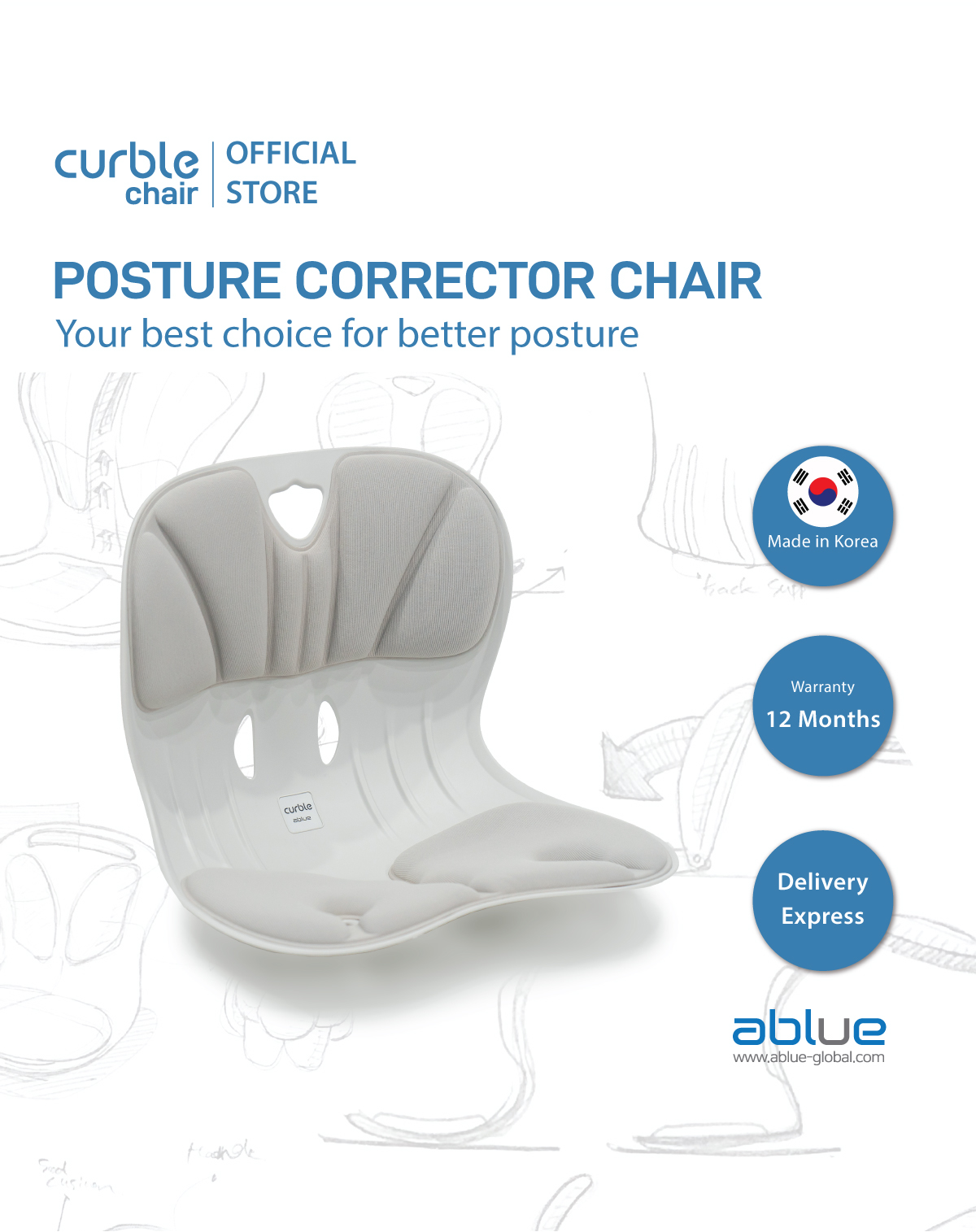 Ghế  chống gù Curble Chair Wider, phù hợp khoảng cân nặng 40-60kg, điều chỉnh tư thế ngồi, Hỗ trợ giảm áp lực cho cột sống Hàn Quốc [CHÍNH HÃNG ABLUE ]