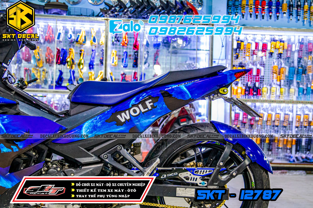 tem trùm xe exciter 150 xanh đen sói đem wolf
