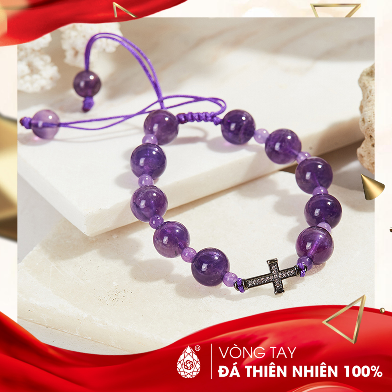 [HCM]Vòng chuỗi mân côi đá Thạch Anh Tím 10mm mix charm Thánh Giá - Ngọc Qúy Gemstones