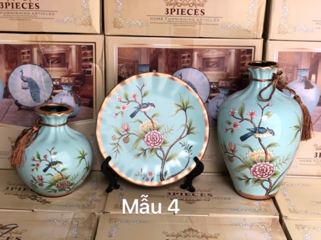 Bộ 3 đĩa bình gốm sứ hút lộc decor siêu xinh