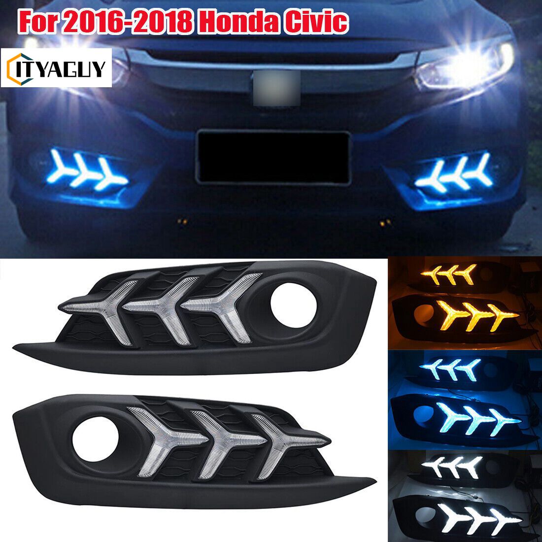 For 2016-2018 honda civic drl led daytime running light fog lamps w/turn signal