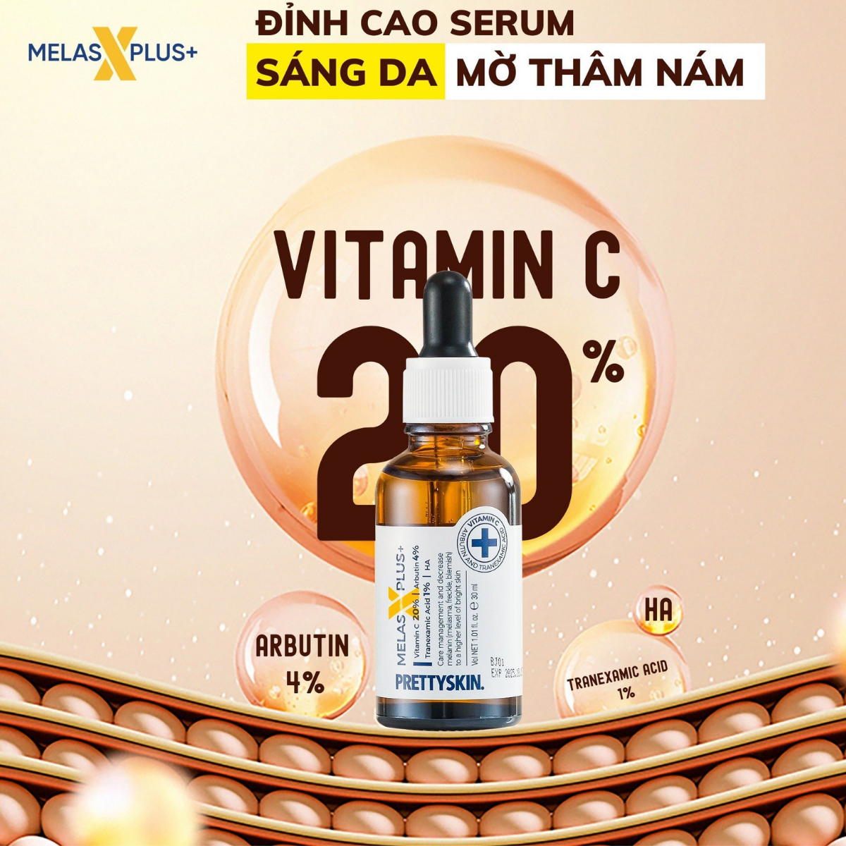 HOÀN TIỀN 15% - Serum Vitamin C Pretty Skin Melas Plus 20% Vitamin C 4% Arbutin dưỡng trắng da mặt 30ml PrettySkin Chính hãng Hàn Quốc | Mmall_vn