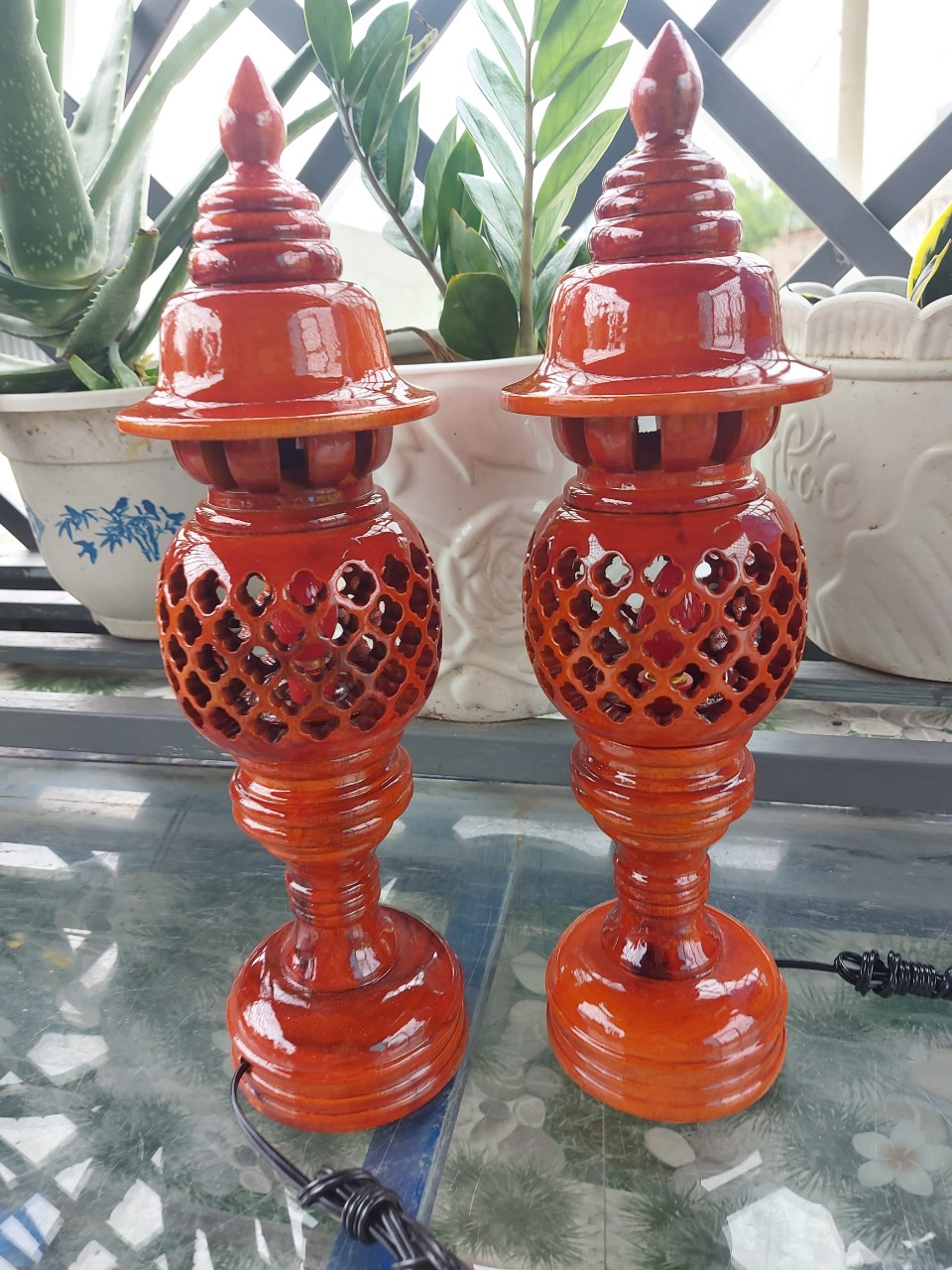 Cặp đèn thờ gỗ xà cừ-Đèn cúng bàn thờ cao 23cm