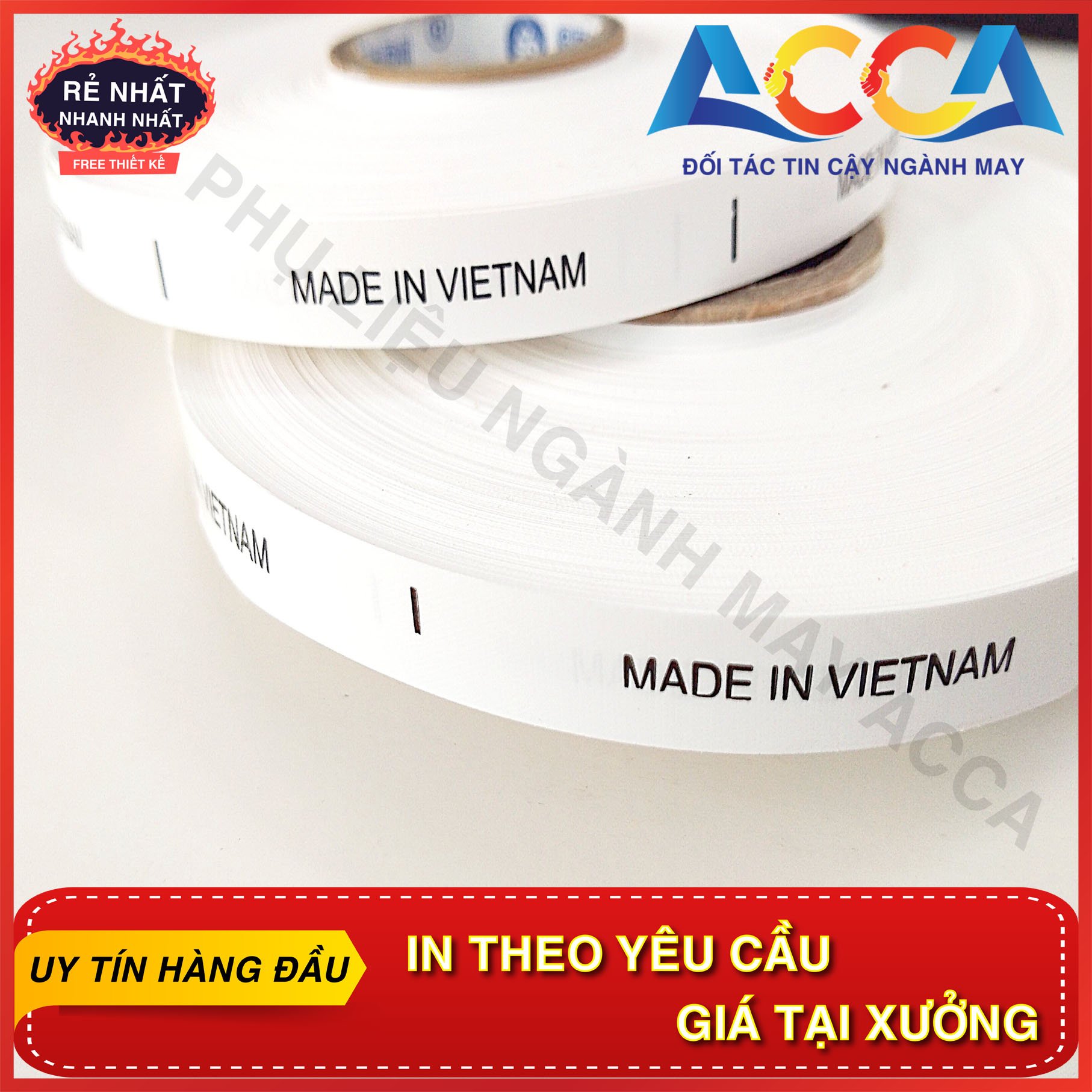 Mác vải giấy cuộn 100 m ,mác vải gắn quần áo ,in sắc nét không bai sù mờ chữ nhãn mác acca ,in nhãn mác quần áo theo yêu cầu