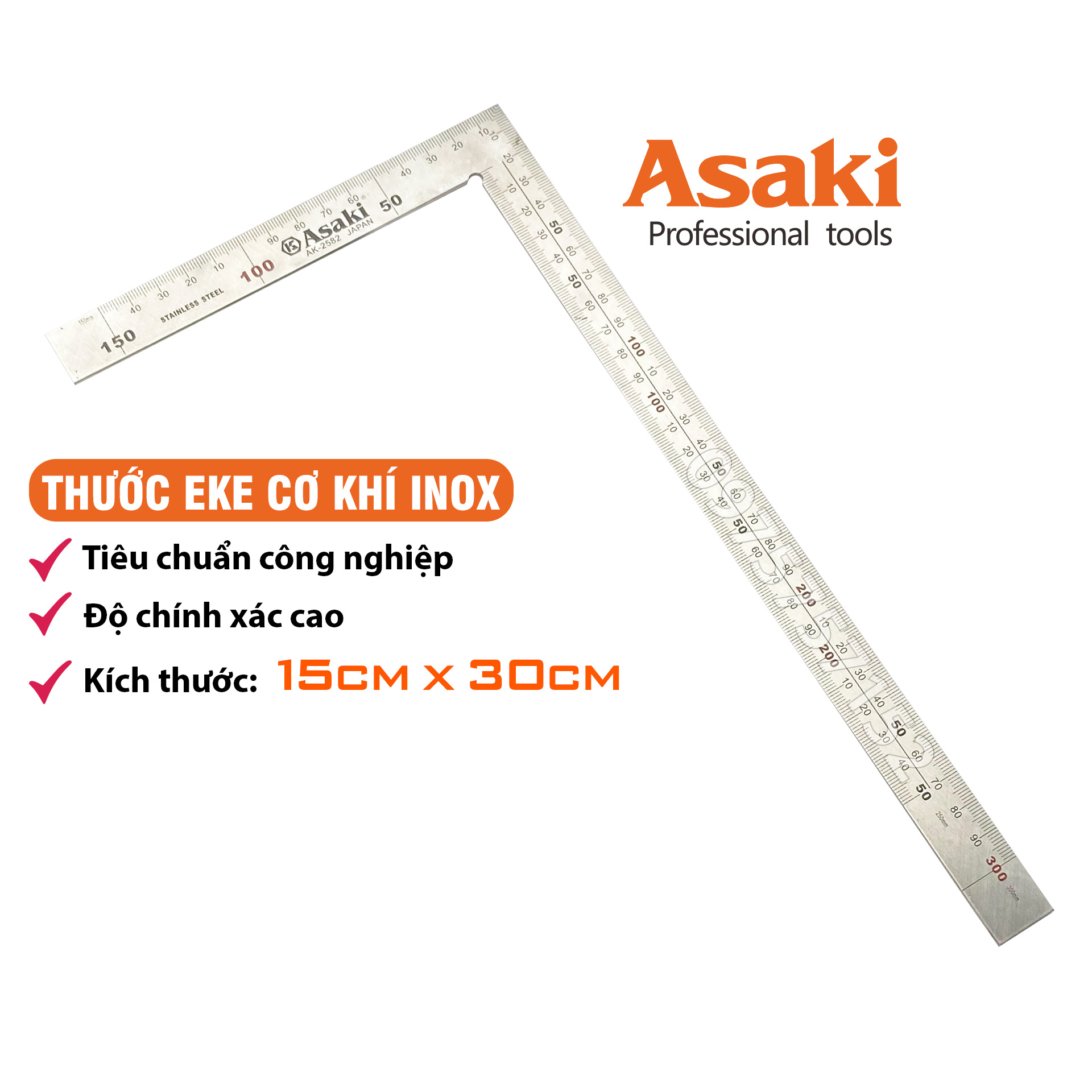 Thước eke đo góc vuông INOX nguyên khối 30cm hãng Asaki JAPAN AK-2582, thước ke góc 90 độ, Thước ê ke vuông chính xác cao, thước ke vuông góc, thước đo góc vuông, đo khoảng cách, đánh dấu cho thợ mộc, thợ cơ khí
