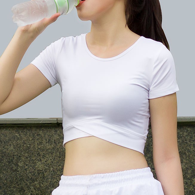 Áo thể thao Gladimax Croptop vạt chéo cộc tay tập yoga, aerobic