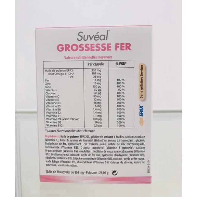 [CHÍNH HÃNG] Viên Bổ Bầu Suveal Grossesse Fer Nhập Khẩu Pháp (Hộp 2 vỉ x 15 viên)