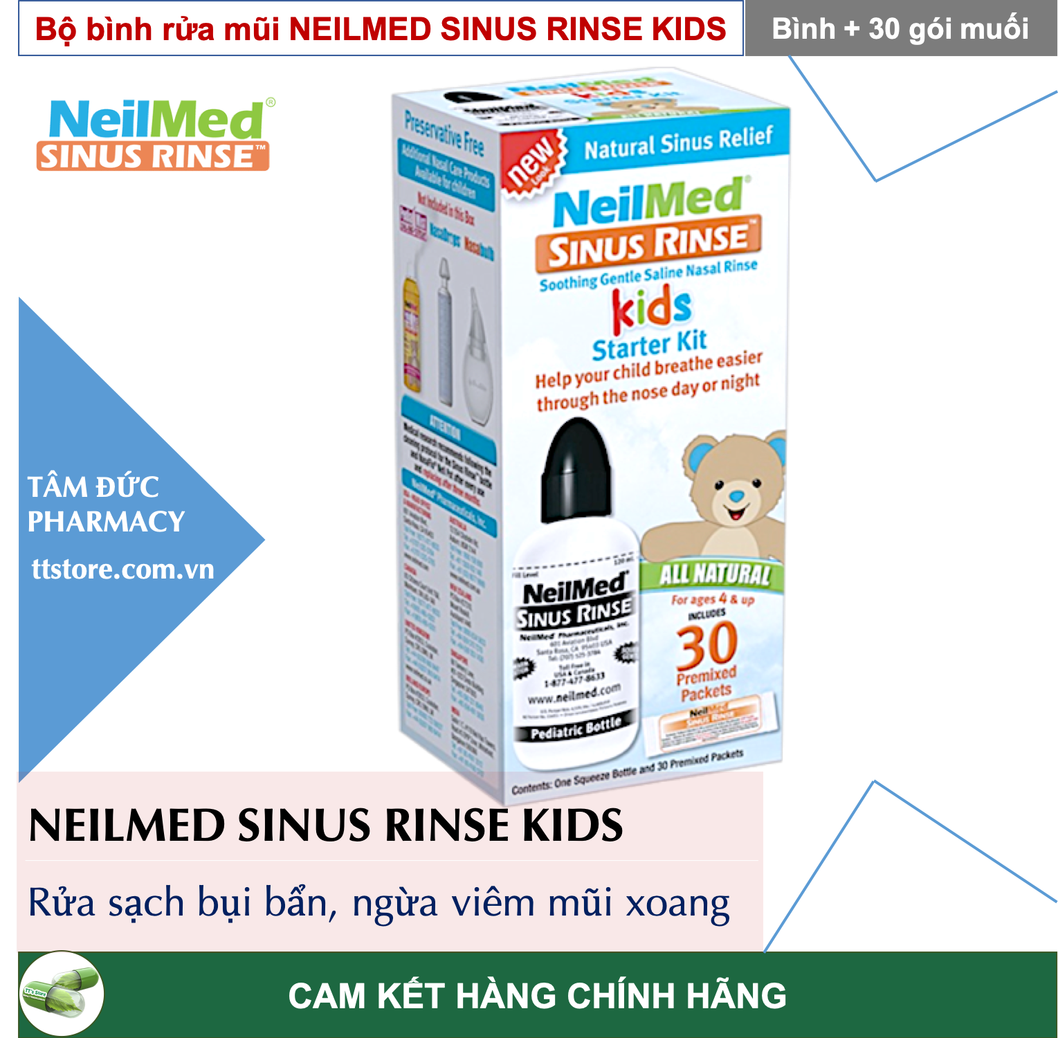 [HCM][CHÍNH HÃNG] Bộ bình rửa mũi dành cho Trẻ em NEILMED SINUS RINSE kèm 30 gói muối [Nelmed neomed nelmet]