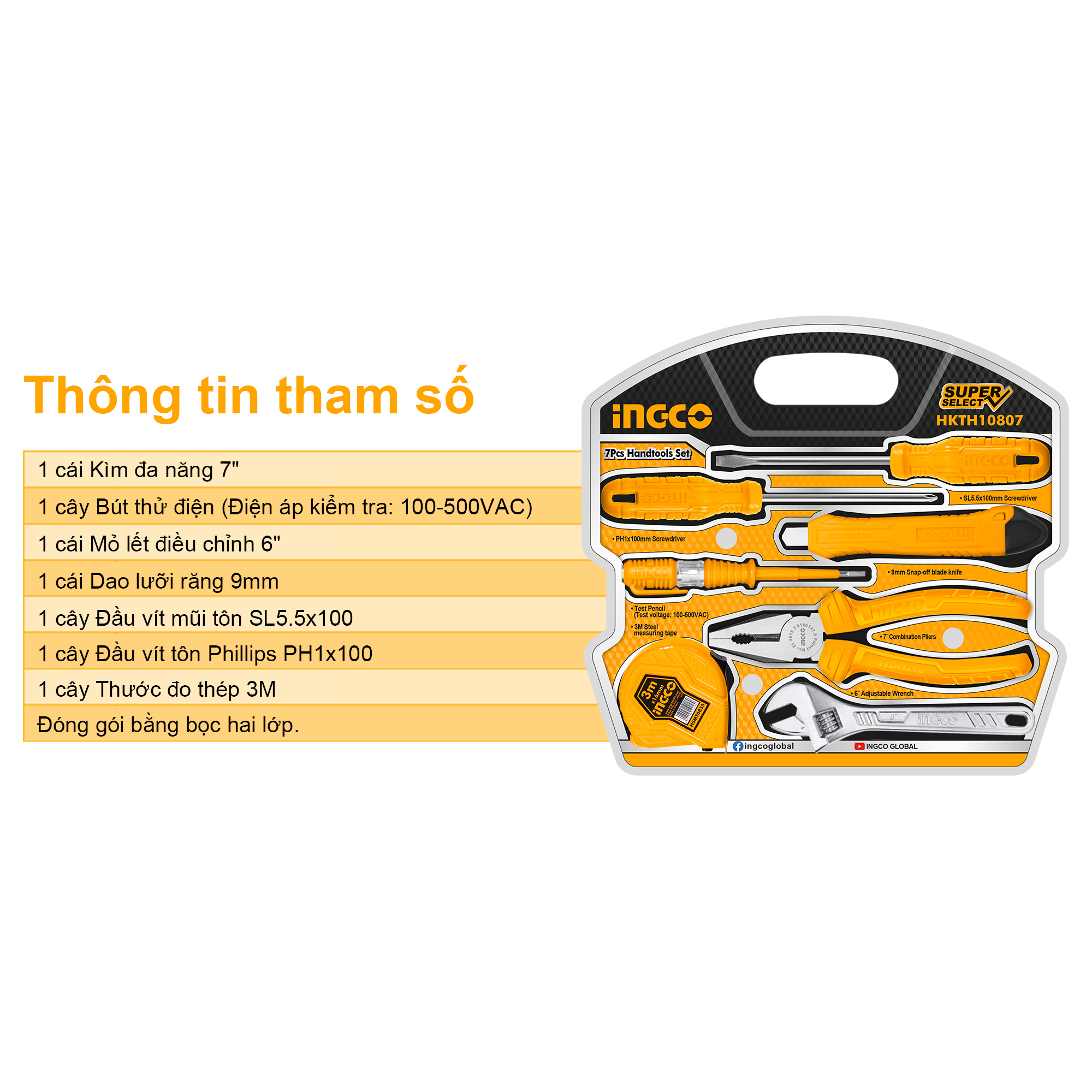 Bộ 7 dụng cụ cầm tay INGCO HKTH10807 búa tua vít kìm mỏ lết dao thước bút thử điện
