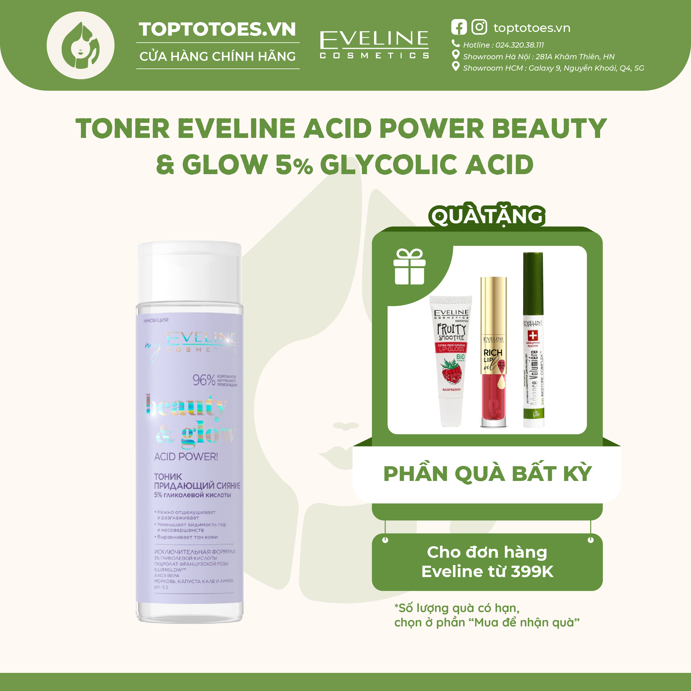 Toner Eveline 5% Glycolic acid làm da căng bóng sáng mịn mờ thâm sạm
