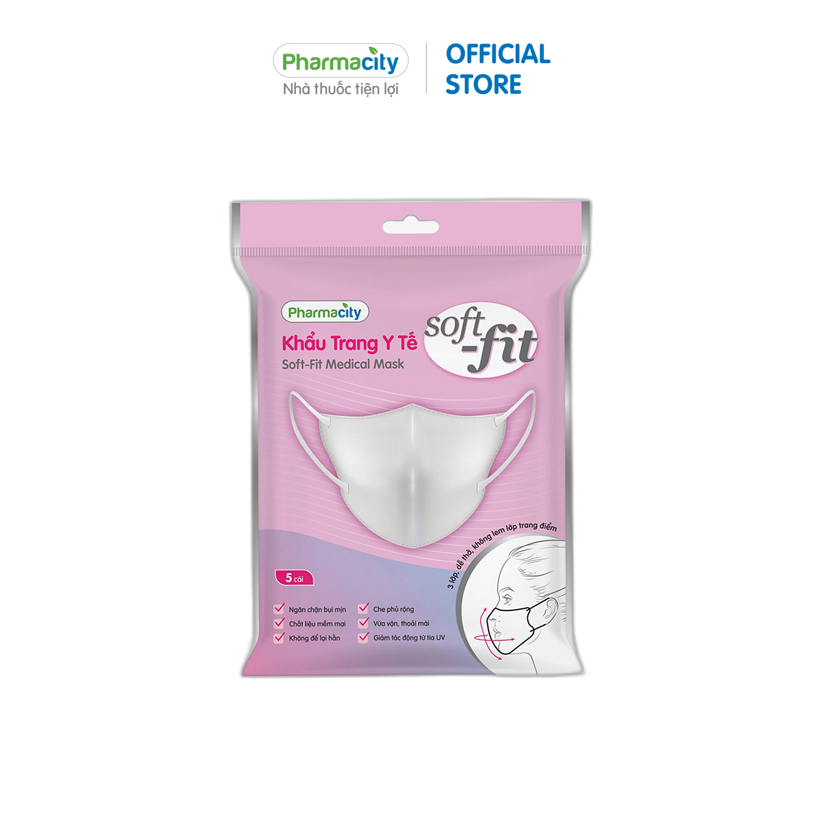 Khẩu trang y tế Pharmacity Soft-fit màu trắng (Gói 5 cái)