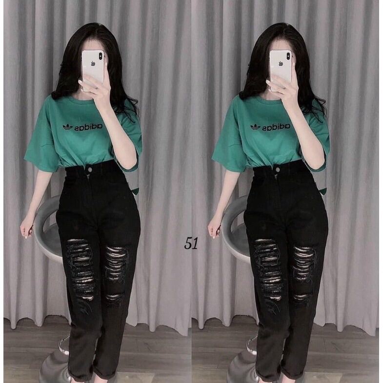 Baggy Jeans Lưng Cao Rách Nhiều