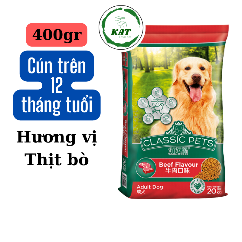 Thức ăn hạt cho chó lớn classic pets adult hương vị thịt bò - gói 400gr - kat love pets