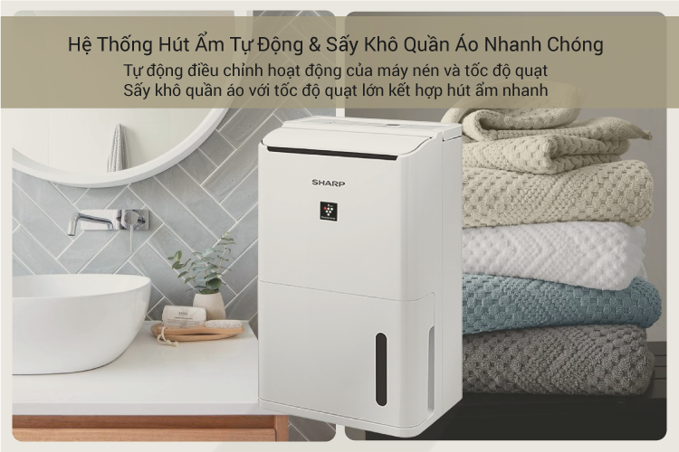 Máy lọc không khí hút ẩm Sharp DW-D12A-W diên tích 25m2, Công nghệ ion Plasmacluster - Bảo hành chính hãng 12 Tháng