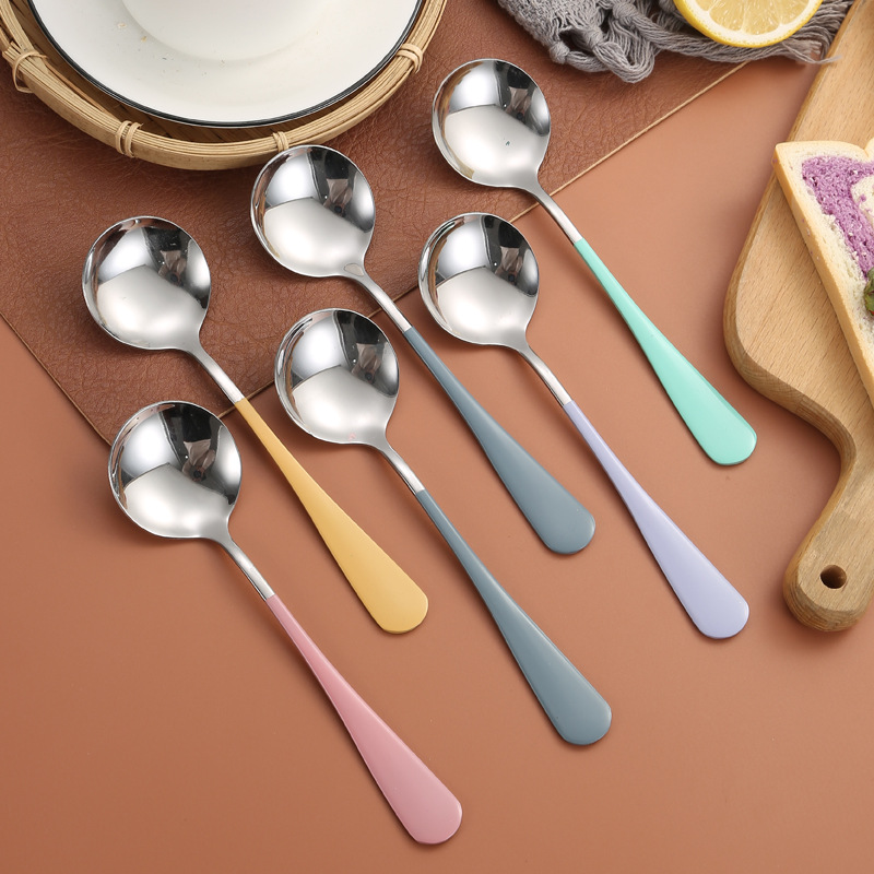 Colorful 16 cm round soup spoon-Muong Thia-long handle high quality stainless steel lunch spoon/spoon-soup spoon