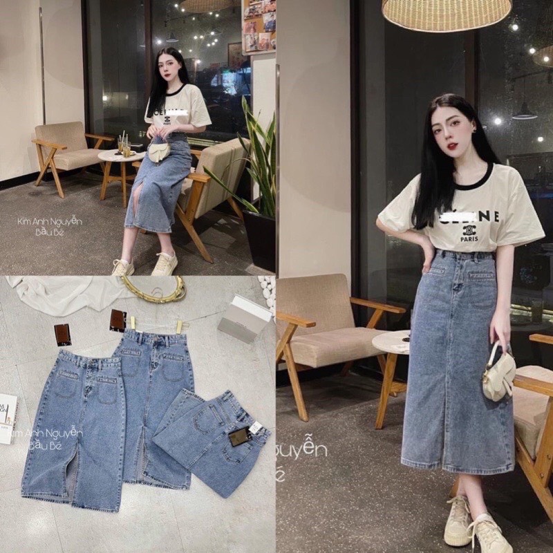 CHÂN VÁY BÒ DENIM TÚI CƠI XẺ TRƯỚC #913