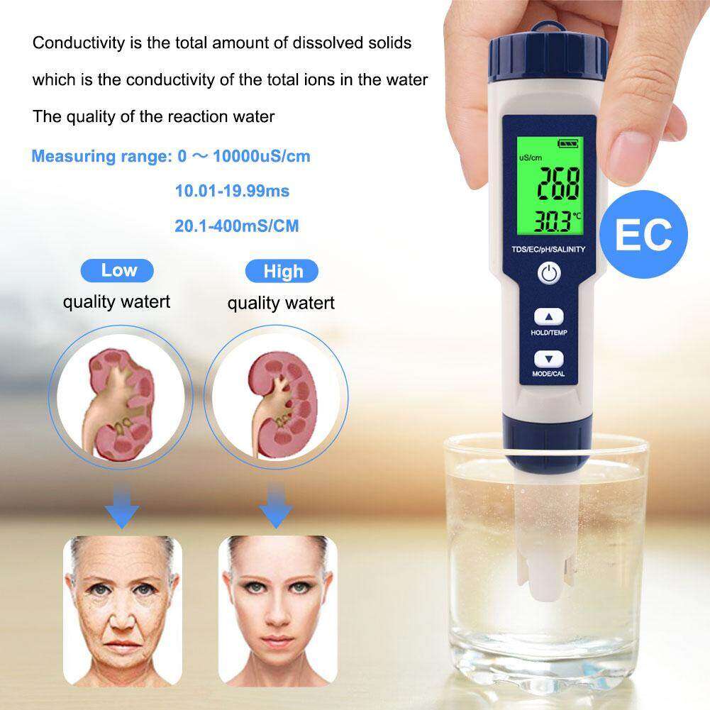【Bút Kiểm Tra Chất Lượng Nước 5 Trong 1】Máy Đo Độ Mặn Và Độ PH 5 Trong 1, Đèn Nền Đo Độ PH/TDS/EC/Độ MặN/Nhiệt Độ