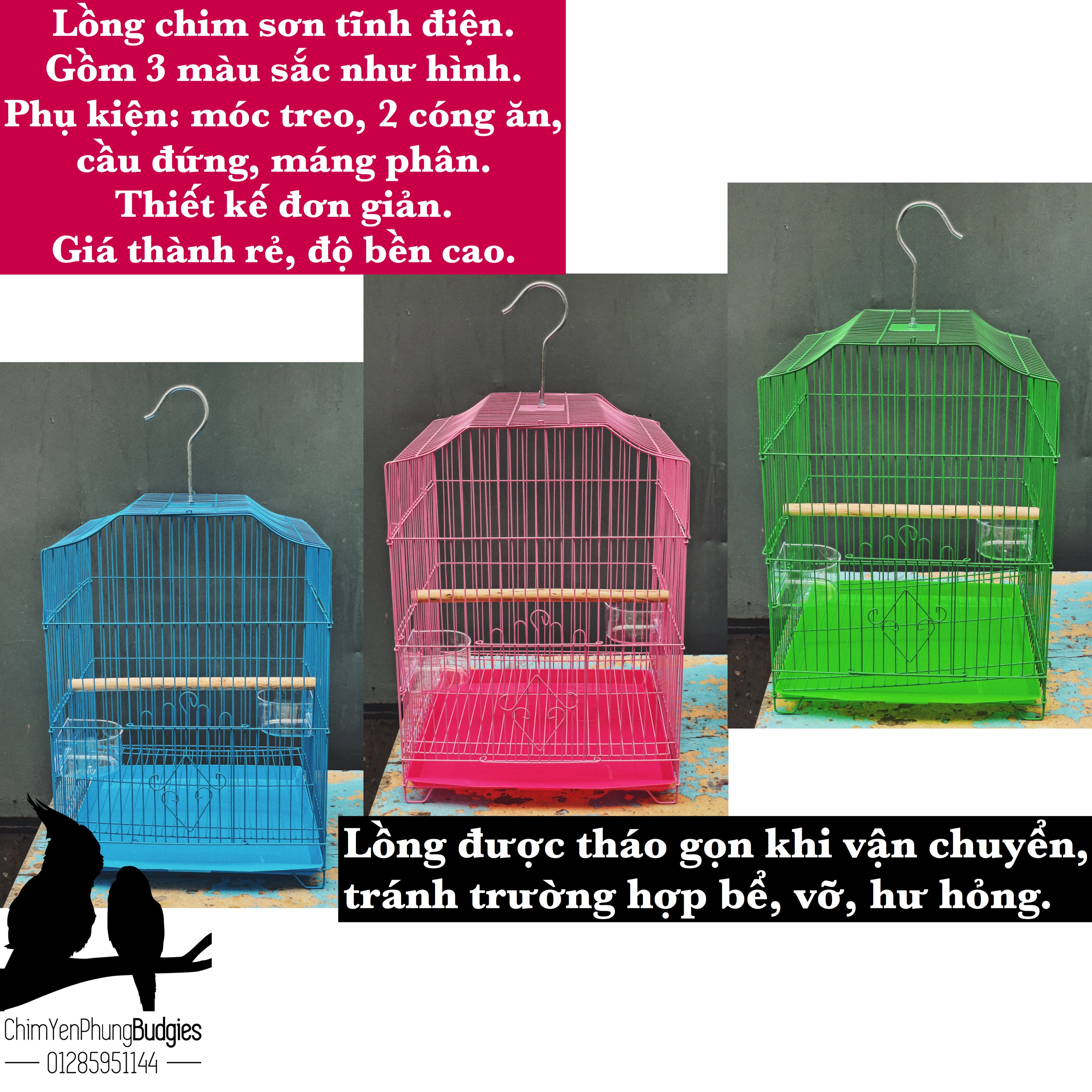 Lồng chim sơn tĩnh điện (đủ phụ kiện: Móc treo, cầu đứng, máng ăn) [Sg giao hoả tốc 2h] Lồng xi inox 402.