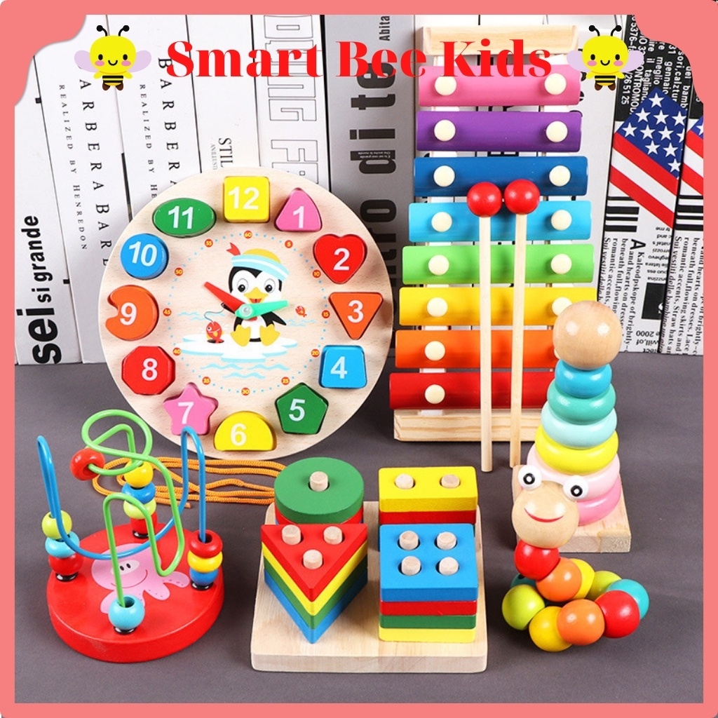 Đồ chơi gỗ smart bee kids combo 6 món đồ chơi sâu uốn dẻo, tháp cầu vòng, đồng hồ số, đàn 8 thanh, luồn hạt, thả khối