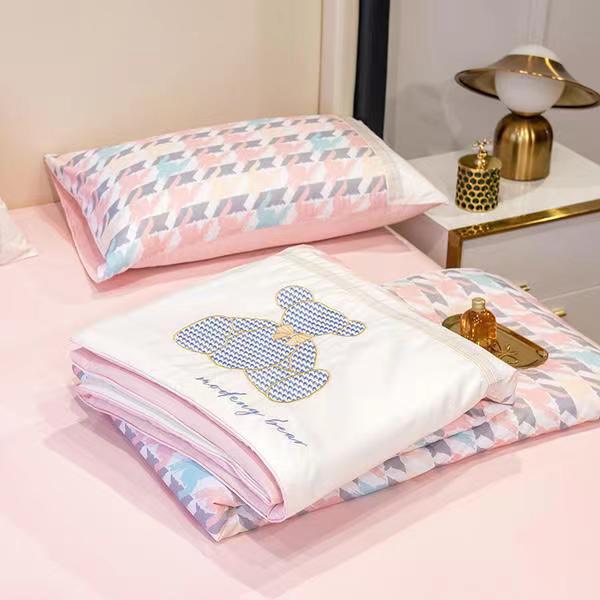 (❤GIÁ CỰC RẺ ) Bộ Chăn Ga Phi Lụa Gấu Chăn Chần Hè Set 4 Món