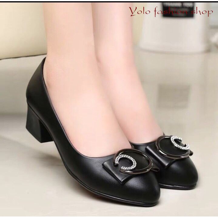 M20 Giày cao gót nữ da lì đế 4cm siêu mềm êm chân