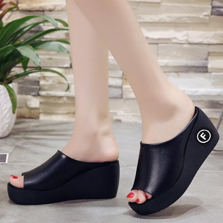 ( Bảo hành 12 tháng ) Dép đế xuồng nữ đế đúc quai bảng to - Dép đế xuồng đế đúc êm nhẹ cao 6.5cm - Dép nữ quai ngang da mềm - Dép nữ có 2 màu Trắng và Đen