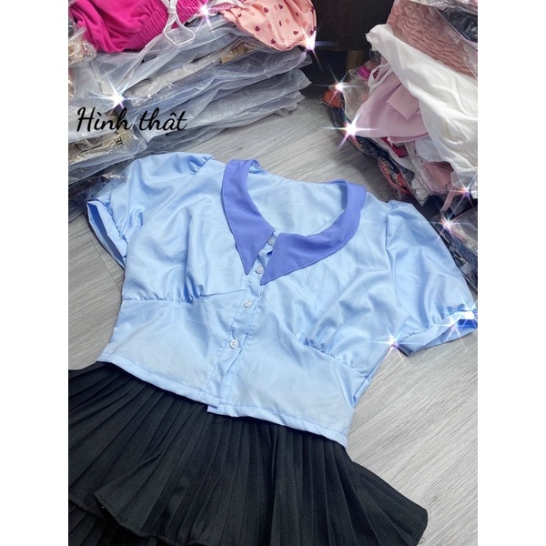 Áo sơmi croptop phối cổ