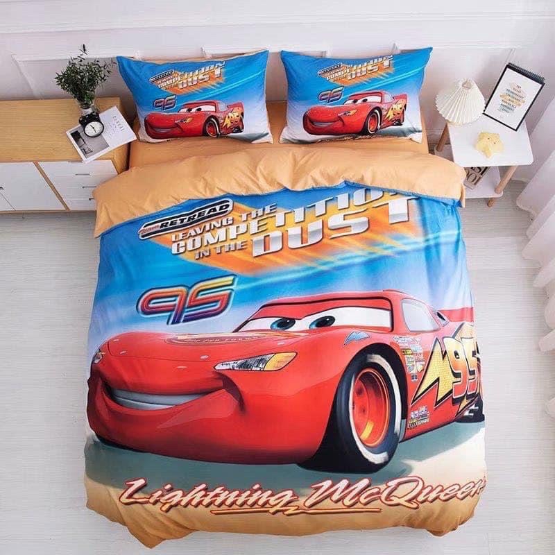 Bộ chăn ga gối cotton tina 3d - ô tô mc queen