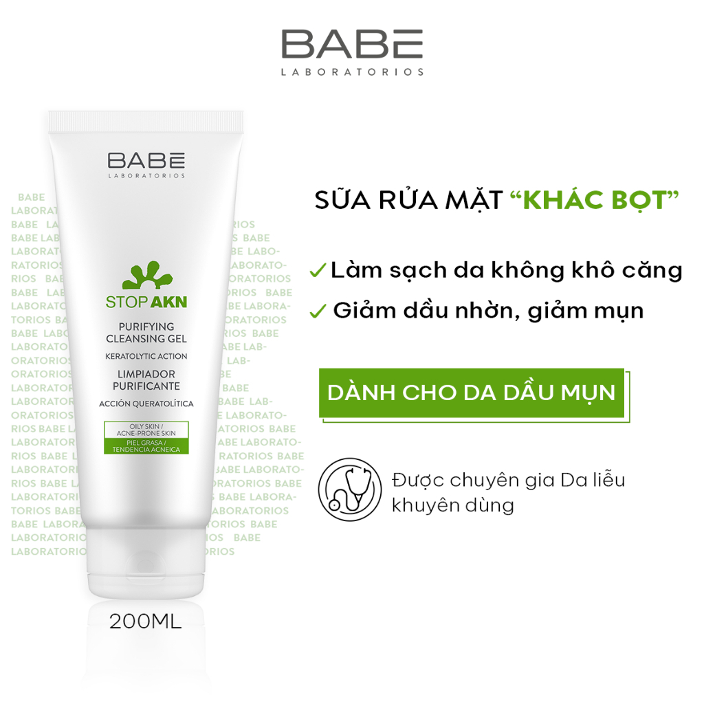 Sữa rửa mặt BABE Stop Akn Purifying Cleansing gel 200ml cho da dầu mụn