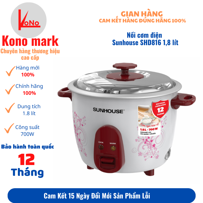 Nồi cơm điện Sunhouse SHD8126 1,8 lít-nồi cơm điện nắp rời.700W,tiết kiệm điện-bảo hành 12 tháng toàn quốc