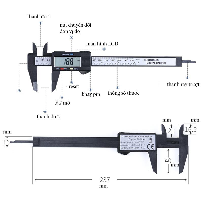 Thước Điện Tử Carbon Sợi Nhựa 150mm - Syntek T15