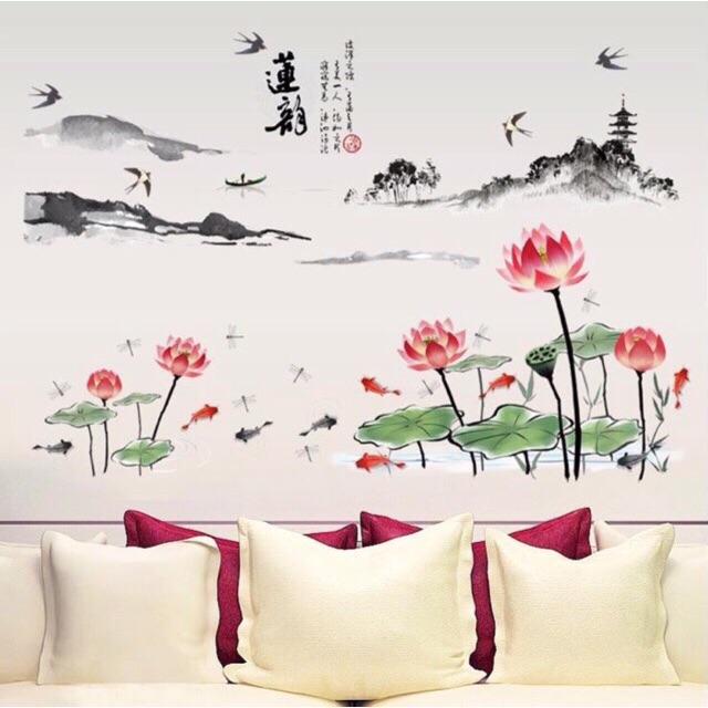 Decal dán tường sen hồng phong thủy
