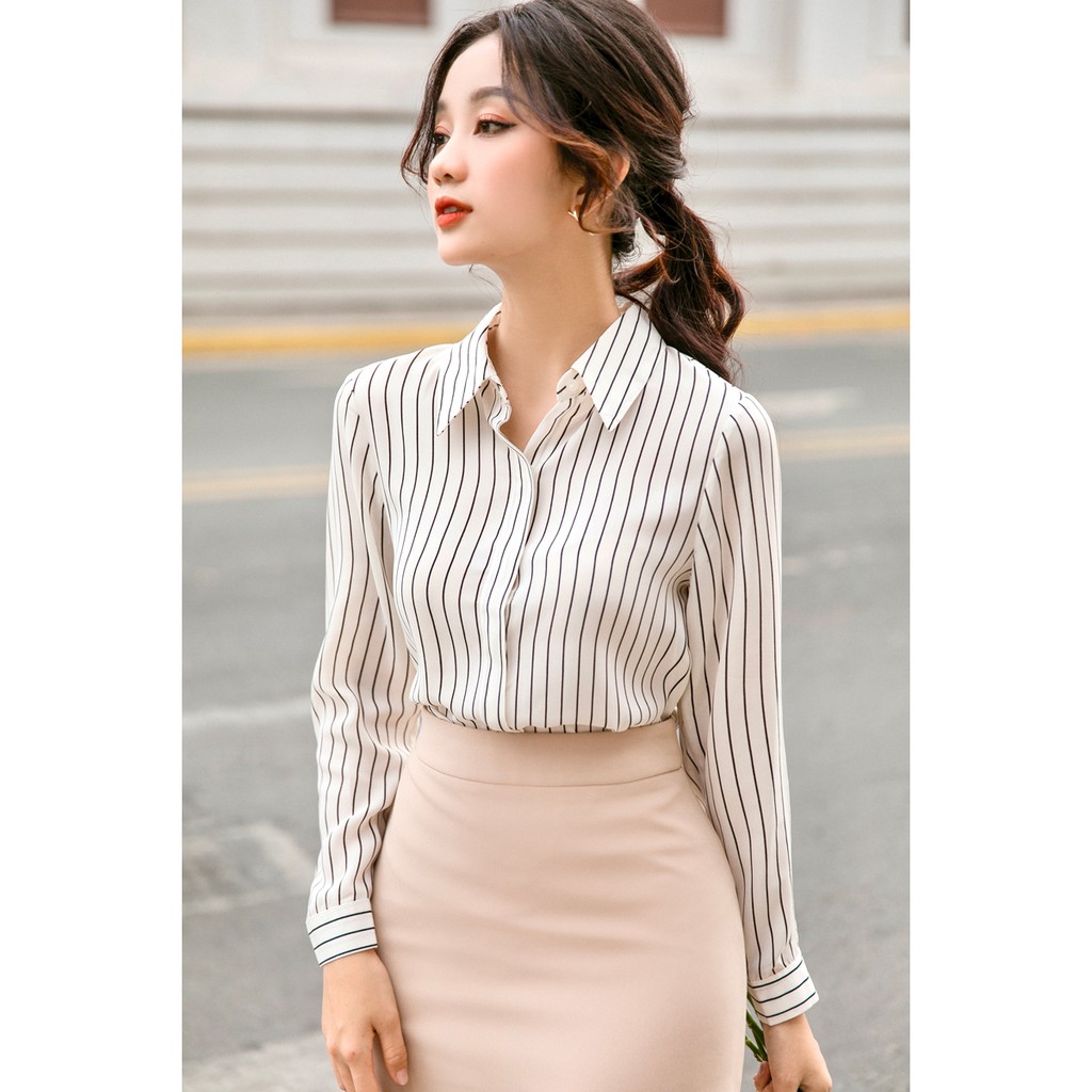 [GILLEE] Áo Sơ Mi Lụa Cát Sọc White