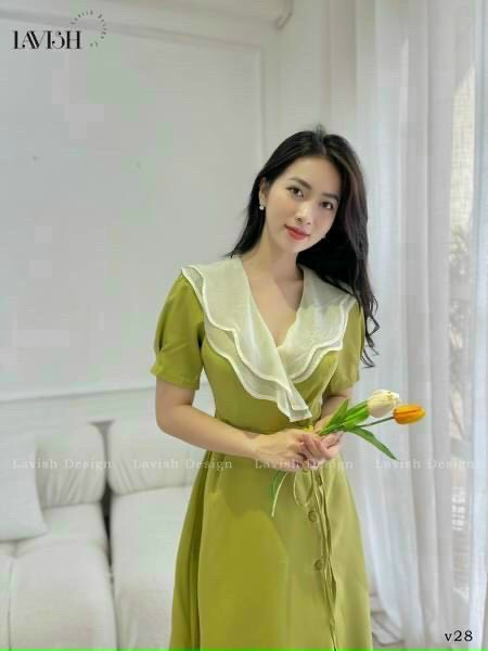 Đầm nữ thời trang mặc đi chơi, Đầm maxi cotton lạnh phối bèo 2 tầng tay ngắn cổ tim xinh xắn