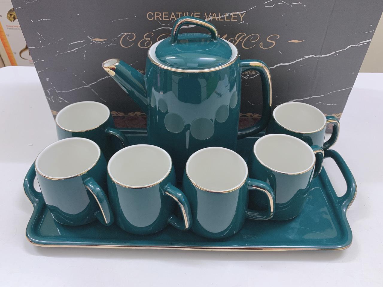 BỘ ẤM CHÉN KÈM KHAY XANH CỔ VỊT VIỀN VÀNG