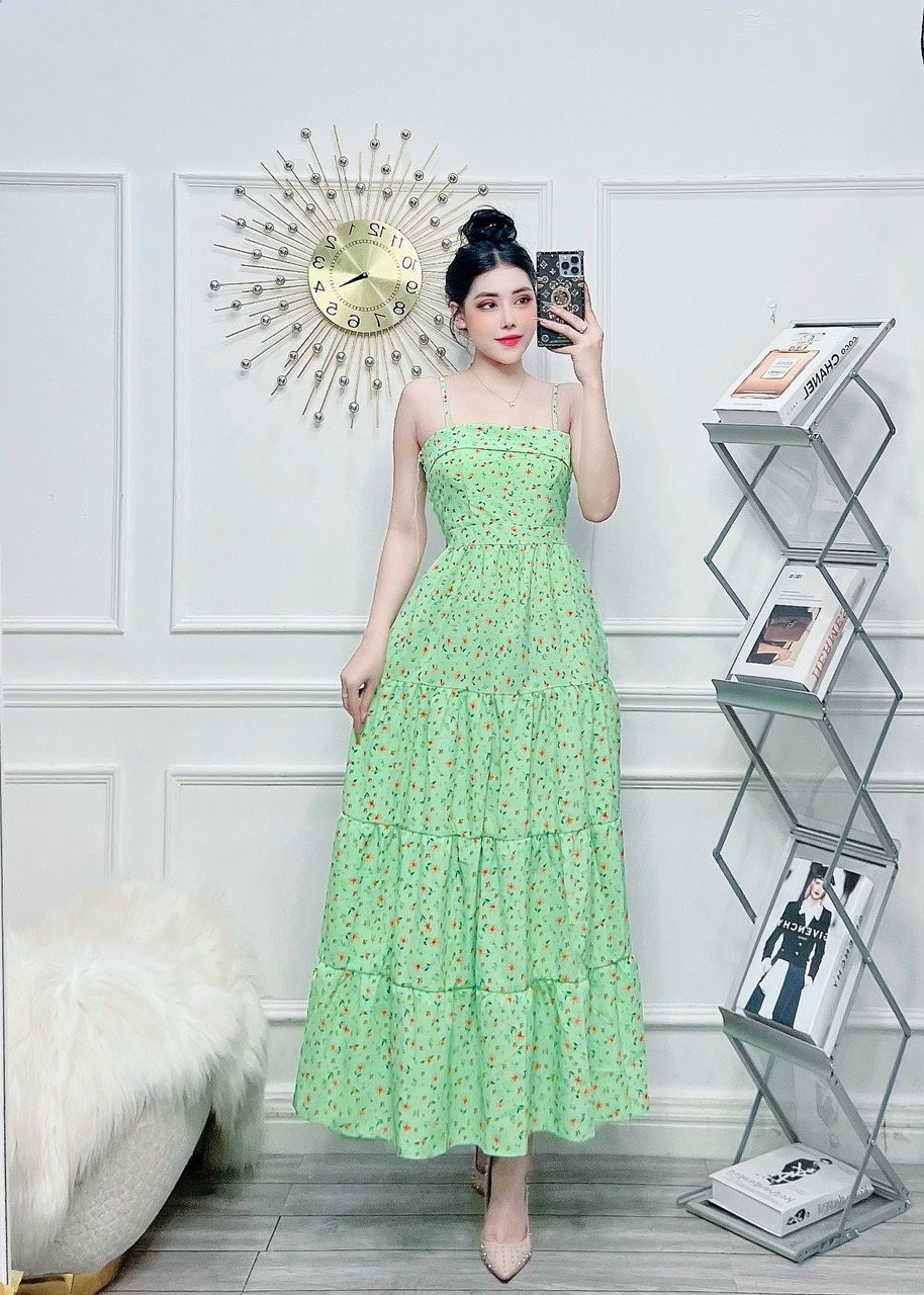 Đầm hai dây gấp ngực maxi hoa