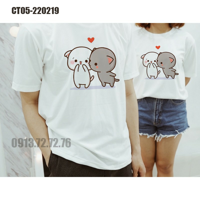 Áo thun cặp đôi mèo xám mèo trắng nam nữcouple kawaii dễ thương có áo bigsize cho người mập béo