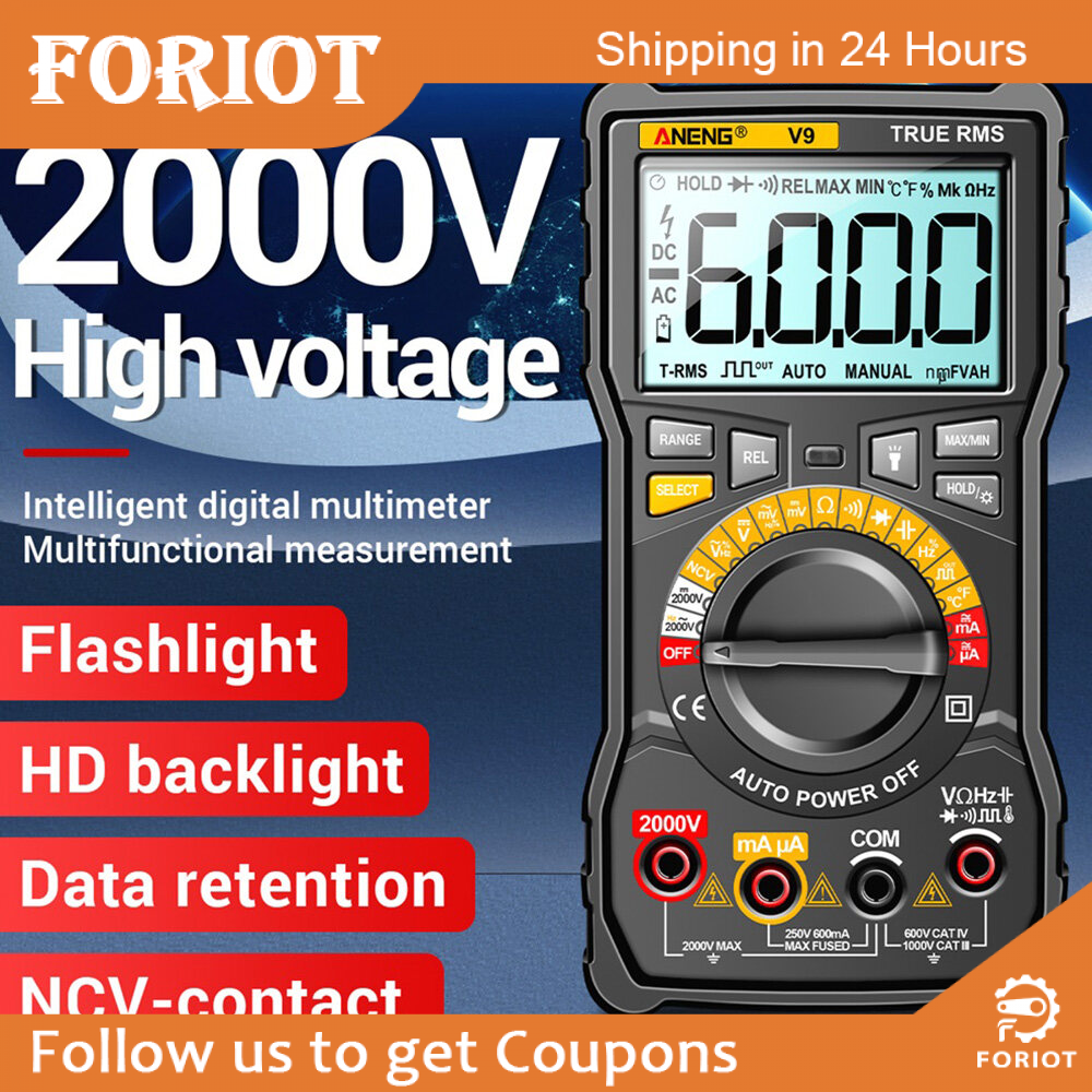 Foriot Đồng Hồ Vạn Năng ANENG Vôn Kế Kỹ Thuật Số Đo Bằng Tay Kiểm Tra Pin AC/DC Đi-ốt Điện Trở Dòng Điện Volt 2000V