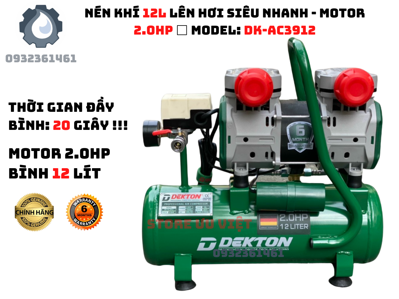 Nén khí 12l lên hơi siêu nhanh bình 12lit 2.0hp thời gian đầy bình: 20 giây model dk-ac3912