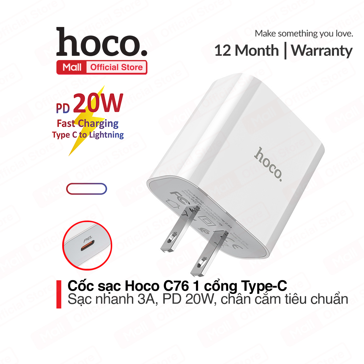 Củ sạc nhanh PD 20W Hoco C76 1 cổng Type-C hỗ trợ sạc nhanh 3.0A cho các dòng iPhone/iPad
