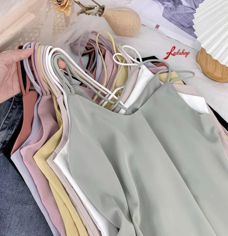 Áo hai dây nữ cổ tim vải lụa satin cao cấp