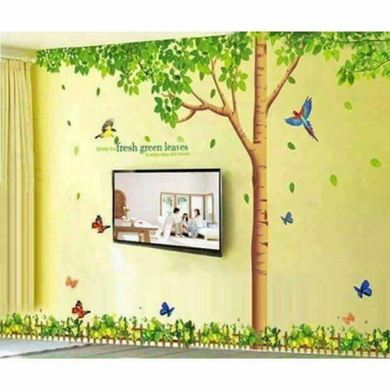 Combo 2 bức decal dán tường cây xanh cõ lớn kết hợp chân tường cỏ 3 lá