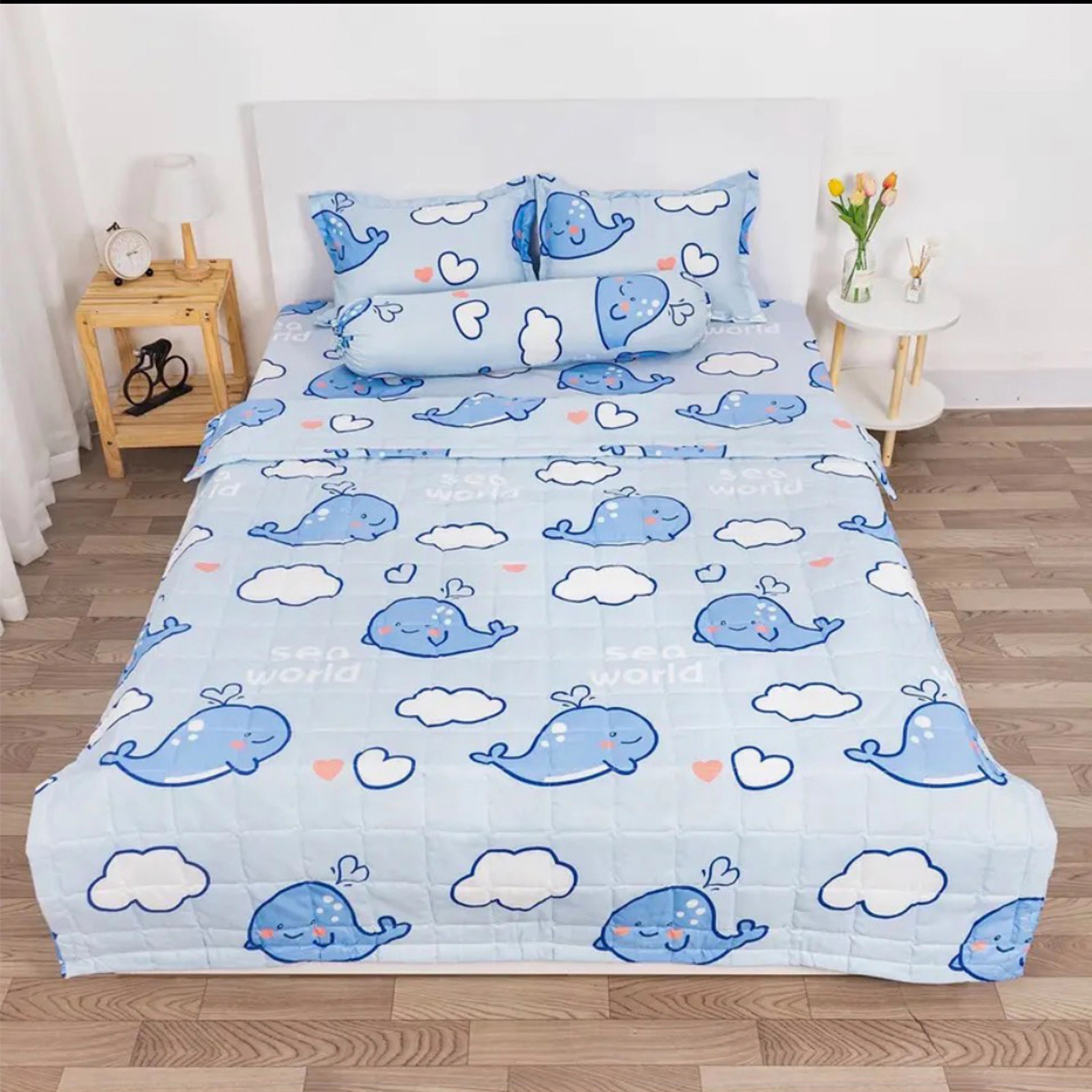 Bộ 5 món chăn hè thu kích thước 1m8 x 2m kèm ga gối, vải cotton poly cao cấp họa tiết thỏ dâu - minhminh bedding